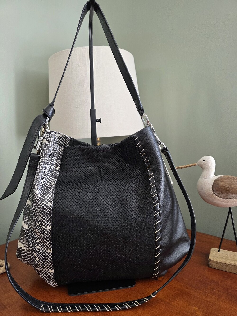Louise et Cie Black White Snake Embossed Leather Mixed Texture Hobo Shoulder Bag